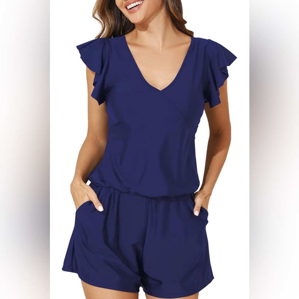 Women's Navy Blue Swim Romper